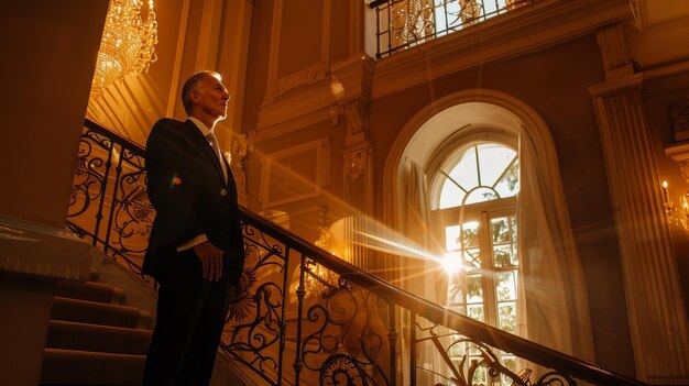 Man in Suit Standing on Staircase