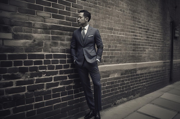 A man in a suit stands against a brick wall.