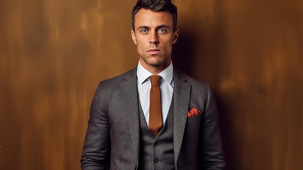 Photo a man in a suit stands against a brown background.