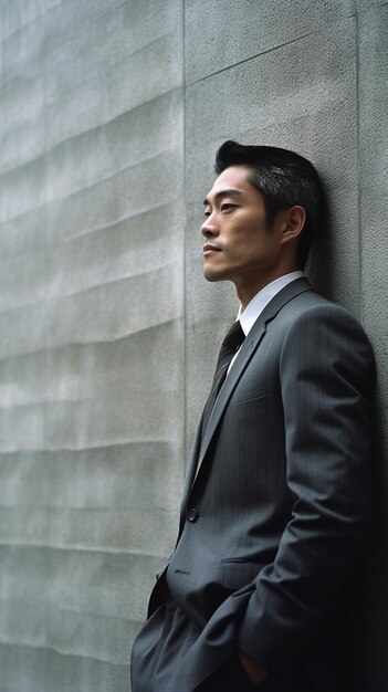 a man in a suit stands against a wall with a wall behind him.