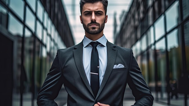 A man in a suit stands in an alley.