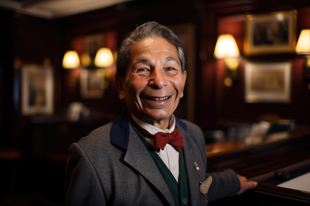 A man in a suit stands in a bar with a red bow tie.