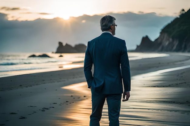 Photo a man in a suit stands on a beach in front of a mountain range.