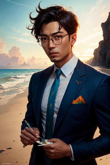 A man in a suit stands on a beach with a blue shirt and glasses