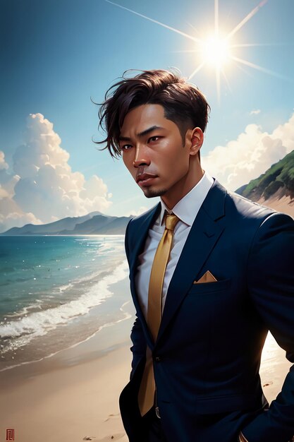 A man in a suit stands on a beach with the sun shining on him