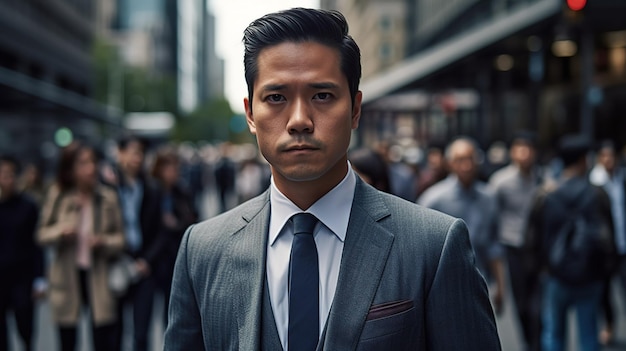 A man in a suit stands in a busy street with a crowd of people in the background.