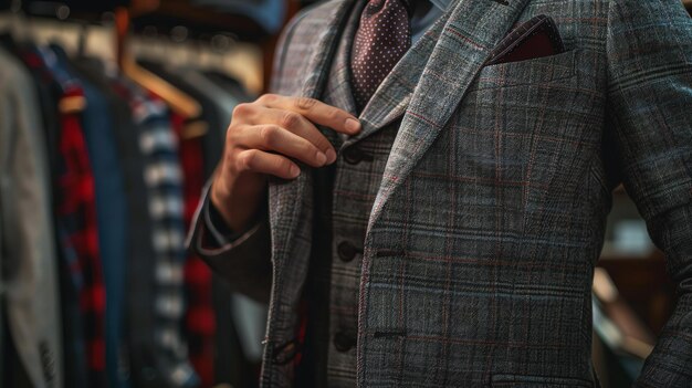 A man in a suit stands in a clothing store He is looking at the suit he is wearing and seems to be considering buying it