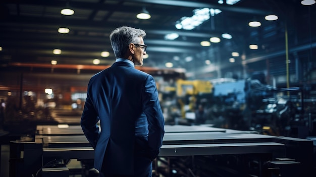 A man in a suit stands confidently in front of a bustling factory that exudes professionalism