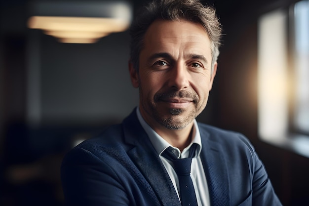 A man in a suit stands in a dark room with a light on his shirt and a tie.