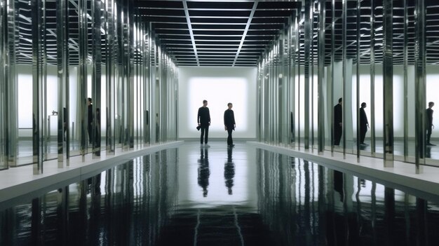 A man in a suit stands in a dark room with a white screen that says'the word'on it '