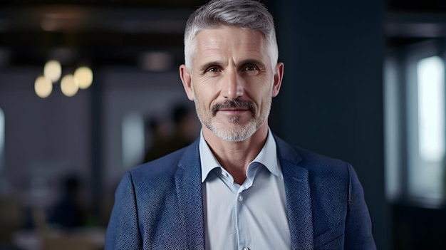 A man in a suit stands in a dark room.