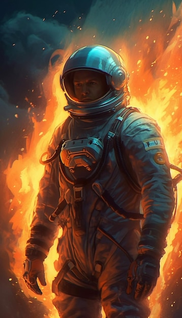 A man in a suit stands in a fire with the words spaceman on the cover.