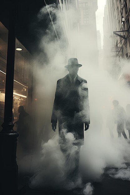 Photo a man in a suit stands in the fog