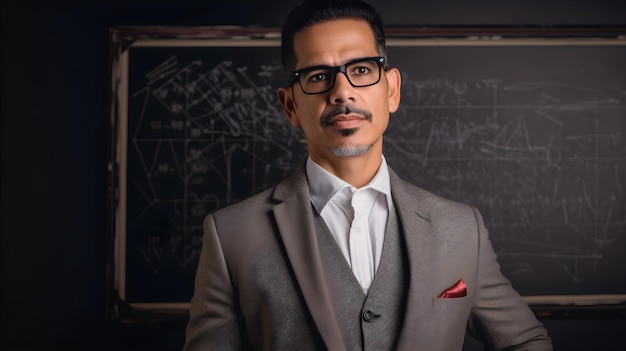 A man in a suit stands in front of a blackboard with a chalkboard behind him.