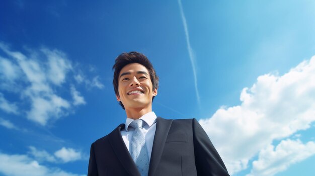 슈트를 입은 남자가 구름이 가득한 파란 하늘 앞에 서 있다.
