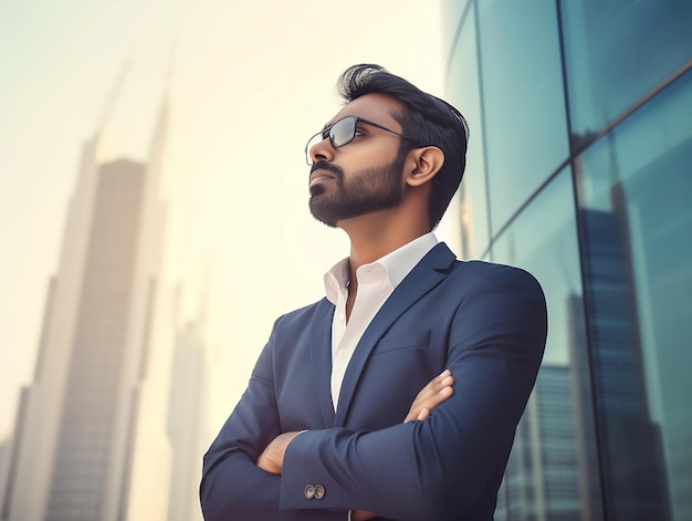 A man in a suit stands in front of a building