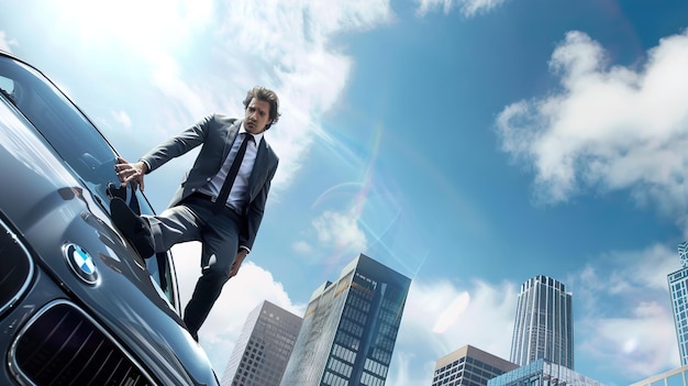 Photo a man in a suit stands in front of a car with a sign that says  no