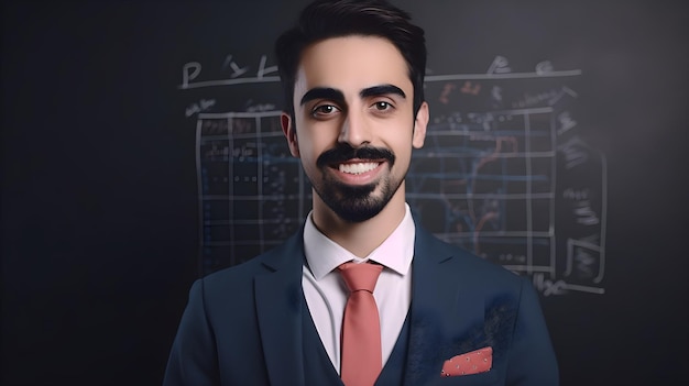 A man in a suit stands in front of a chalkboard with the word financial on it.