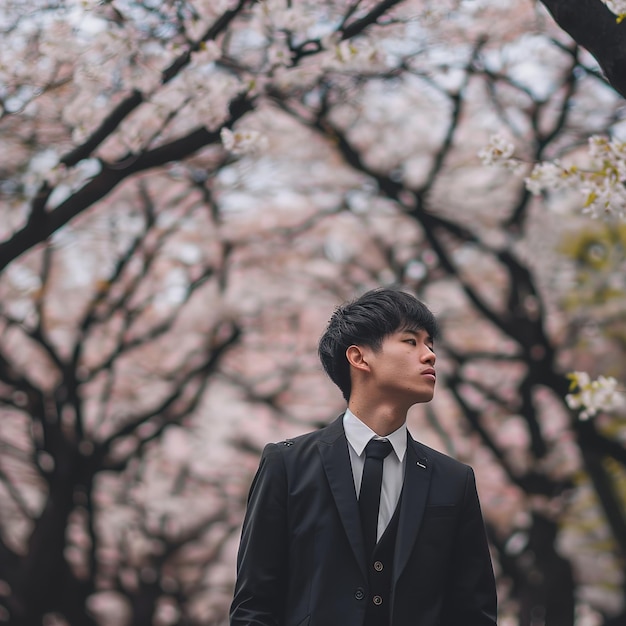 a man in a suit stands in front of a cherry blossom tree