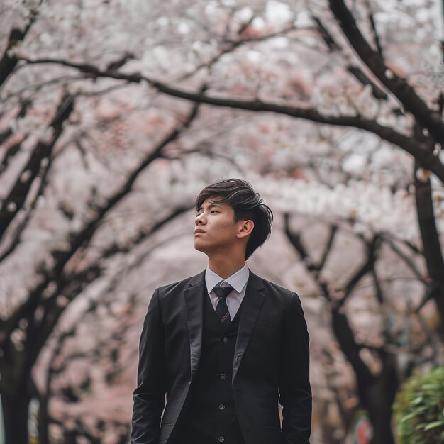 a man in a suit stands in front of a cherry blossom tree