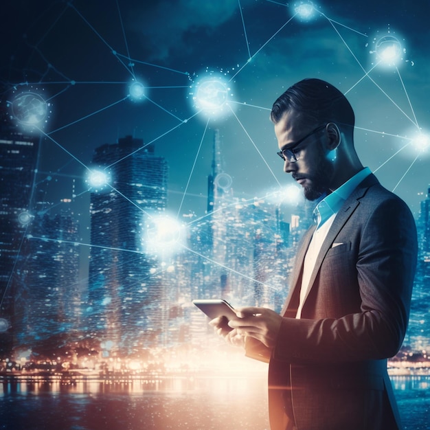 A man in a suit stands in front of a city skyline and looks at a tablet.