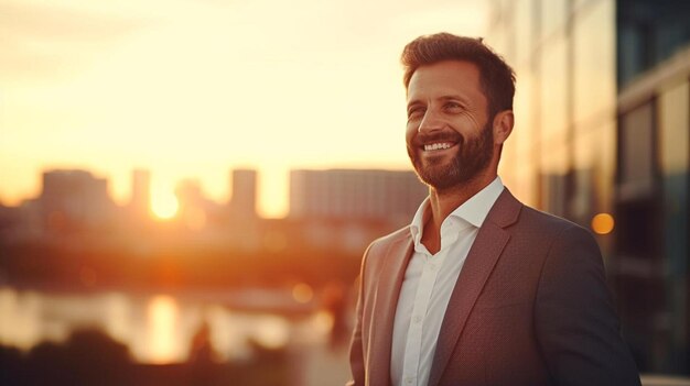 Photo a man in a suit stands in front of a city skyline