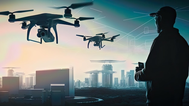 A man in a suit stands in front of a cityscape with a drone flying above him.