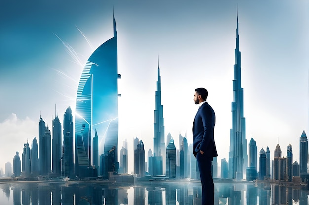 man in a suit stands in front of a cityscape