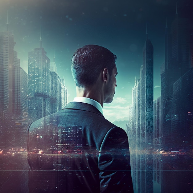 A man in a suit stands in front of a cityscape.