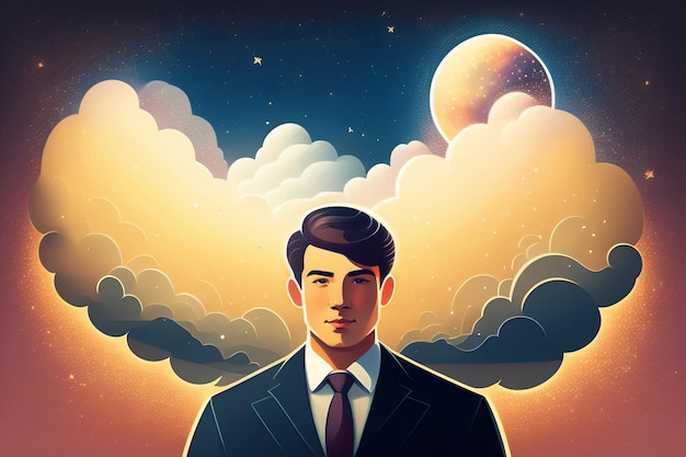 A man in a suit stands in front of clouds with the moon in the background.