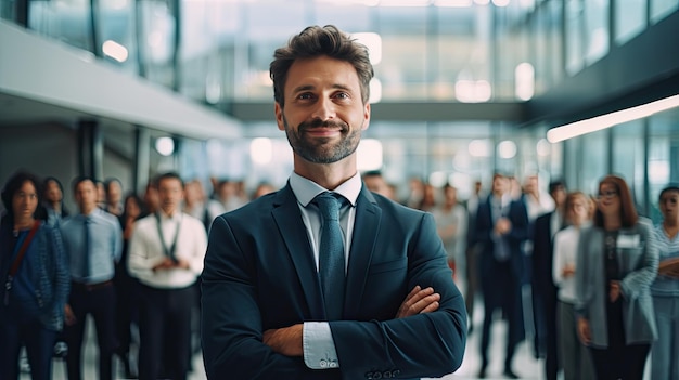 a man in a suit stands in front of a crowd of people.