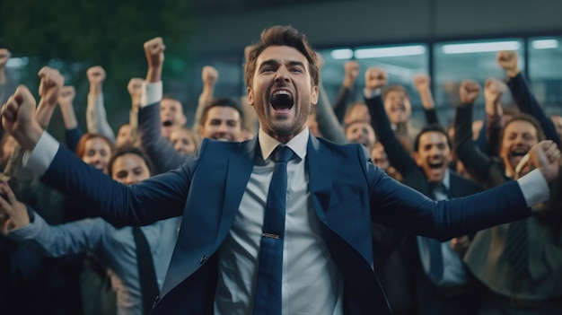 A man in a suit stands in front of a crowd with his arms raised in the air.