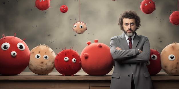 a man in a suit stands in front of a display of balls with eyes and eyes