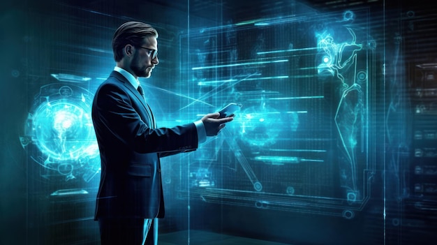 A man in a suit stands in front of a futuristic screen that says'cyber security '