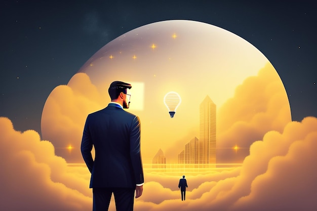 A man in a suit stands in front of a giant cloud with a light bulb in the middle.