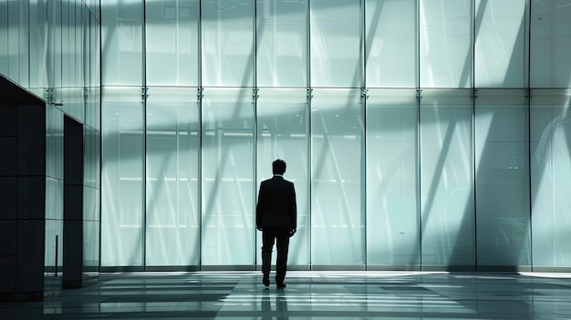 a man in a suit stands in front of a glass wall