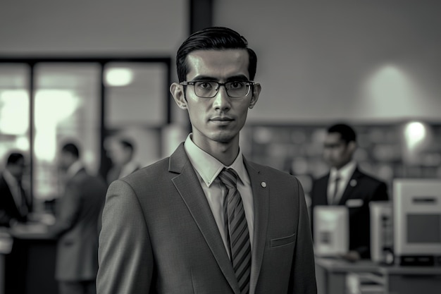 A man in a suit stands in front of a group of people.