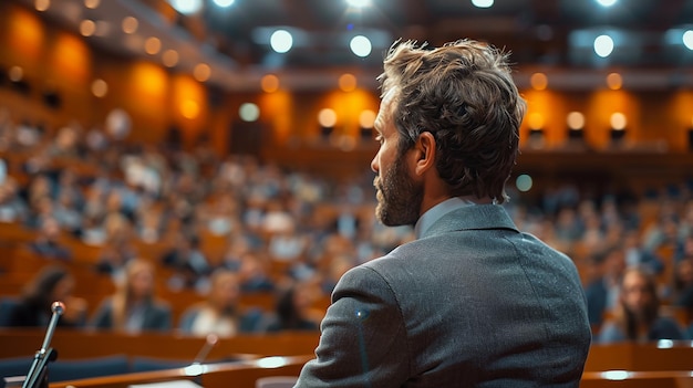 Photo a man in a suit stands in front of a large audience