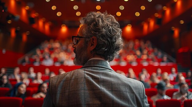 a man in a suit stands in front of a large auditorium with a large audience in the background