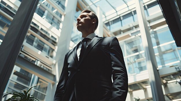 Photo a man in a suit stands in front of a large building