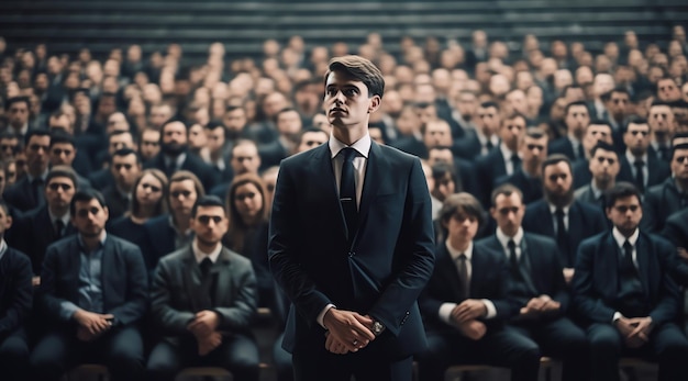 A man in a suit stands in front of a large crowd