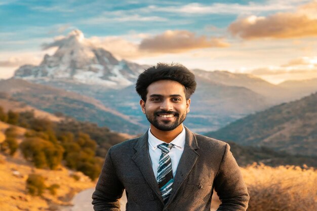 Photo a man in a suit stands in front of a mountain with a mountain in the background
