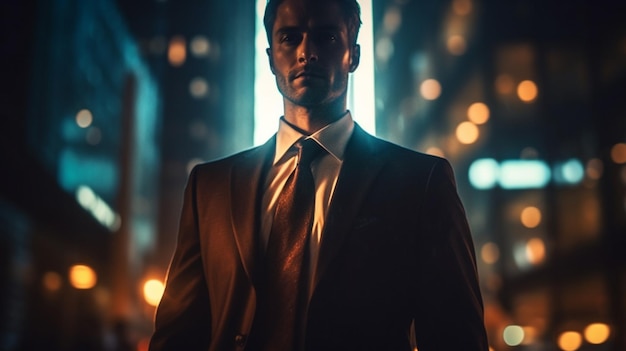 A man in a suit stands in front of a night cityscape.