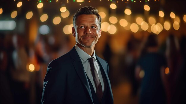 A man in a suit stands in front of a party lights.