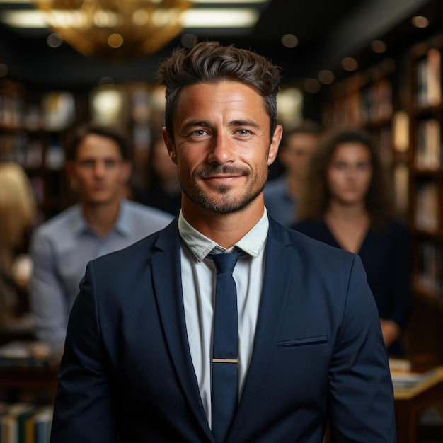 a man in a suit stands in front of a row of books.