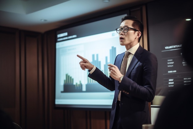 A man in a suit stands in front of a screen that says'the future of business '