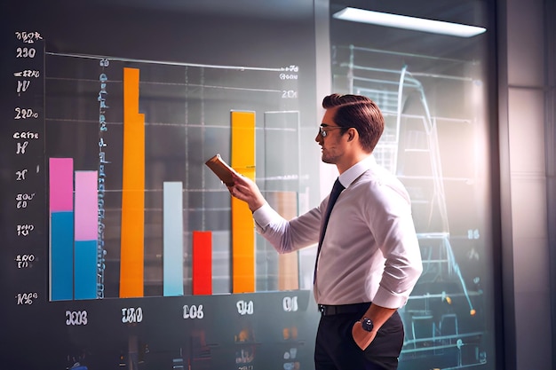 a man in a suit stands in front of a screen with a graph showing the word graph