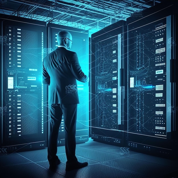 A man in a suit stands in front of a server room with the words