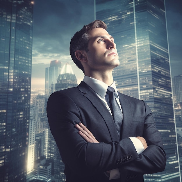 a man in a suit stands in front of a skyscraper.