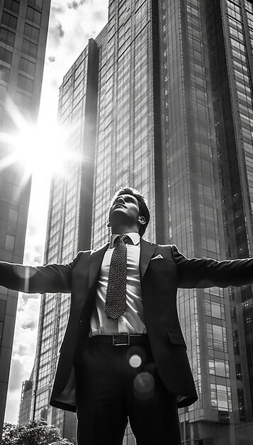 a man in a suit stands in front of a skyscraper.